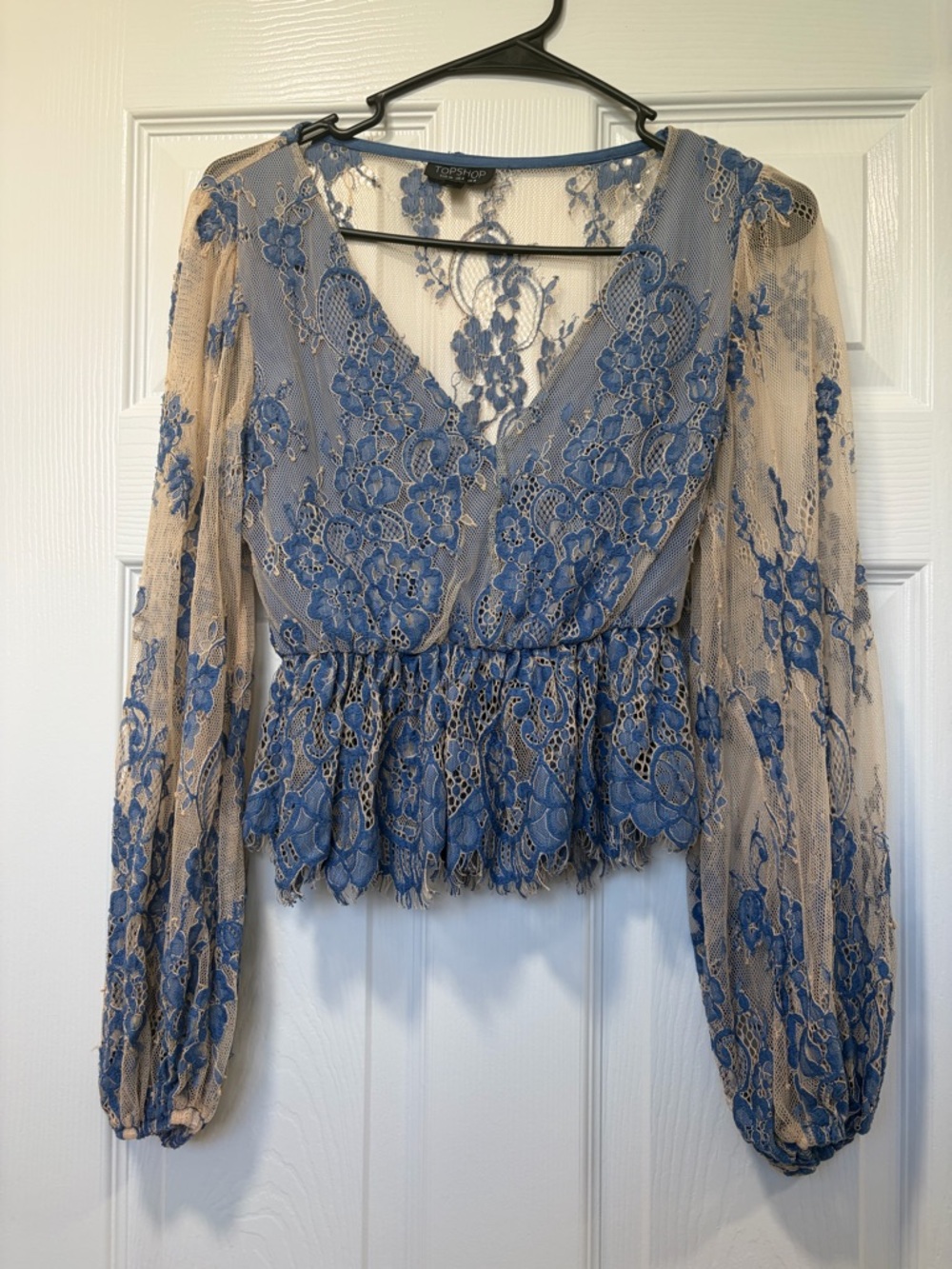 Topshop Blue Lace V-Neck Sheer Balloon Sleeve Blouse - Picture 2 of 7